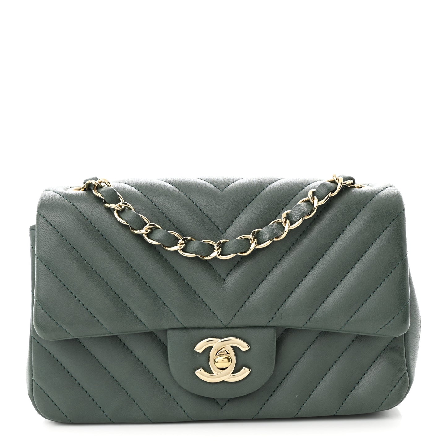 Lambskin Chevron Quilted Mini Rectangular Flap Dark Green