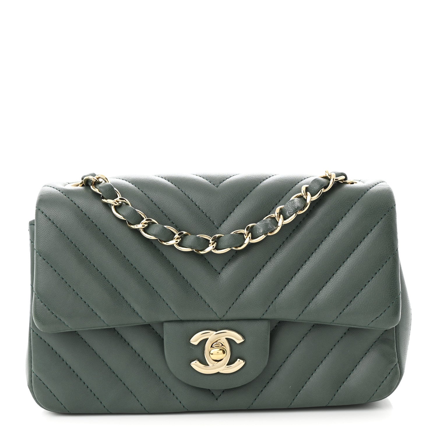 Chanel Lambskin Chevron Quilted Mini Rectangular Flap Dark Green 1 of 11