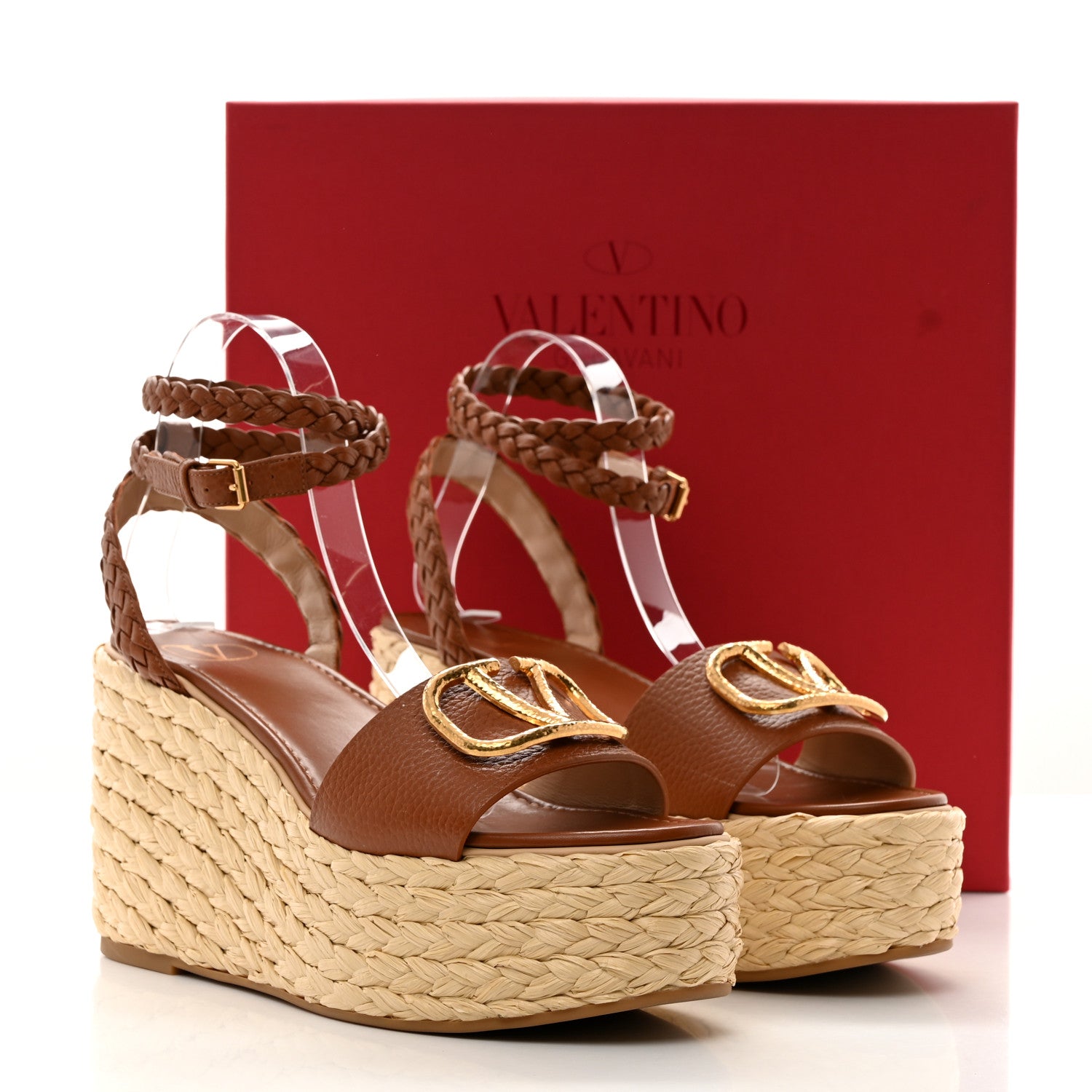 Valentino Garavani Pebbled Calfskin VLogo Ankle Wrap Espadrille 45/90mm Platform Wedge Sandals 41 Saddle Brown 9 of 9