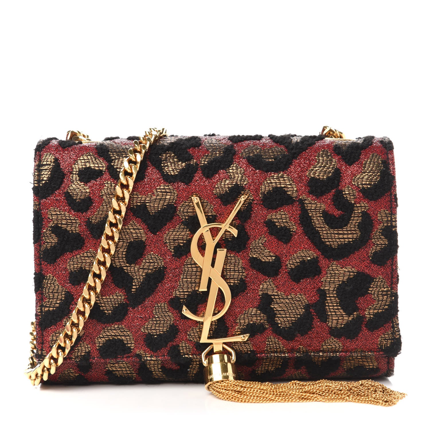 Saint Laurent Glitter Jaquard Leopard Small Monogram Kate Tassel Satchel Red Black 1 of 9