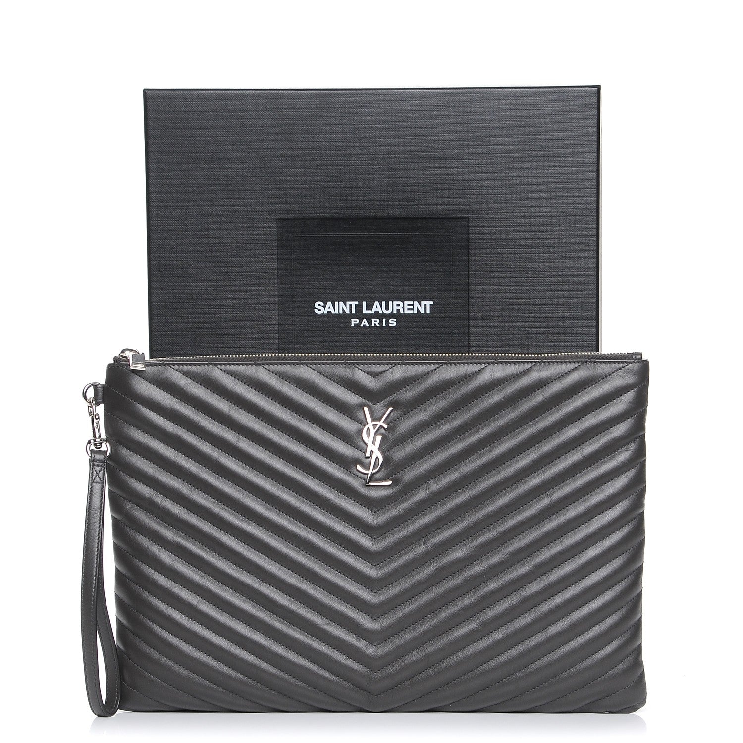 Saint Laurent Calfskin Matelasse Chevron Cassandre Monogram Document Holder Coal 8 of 8