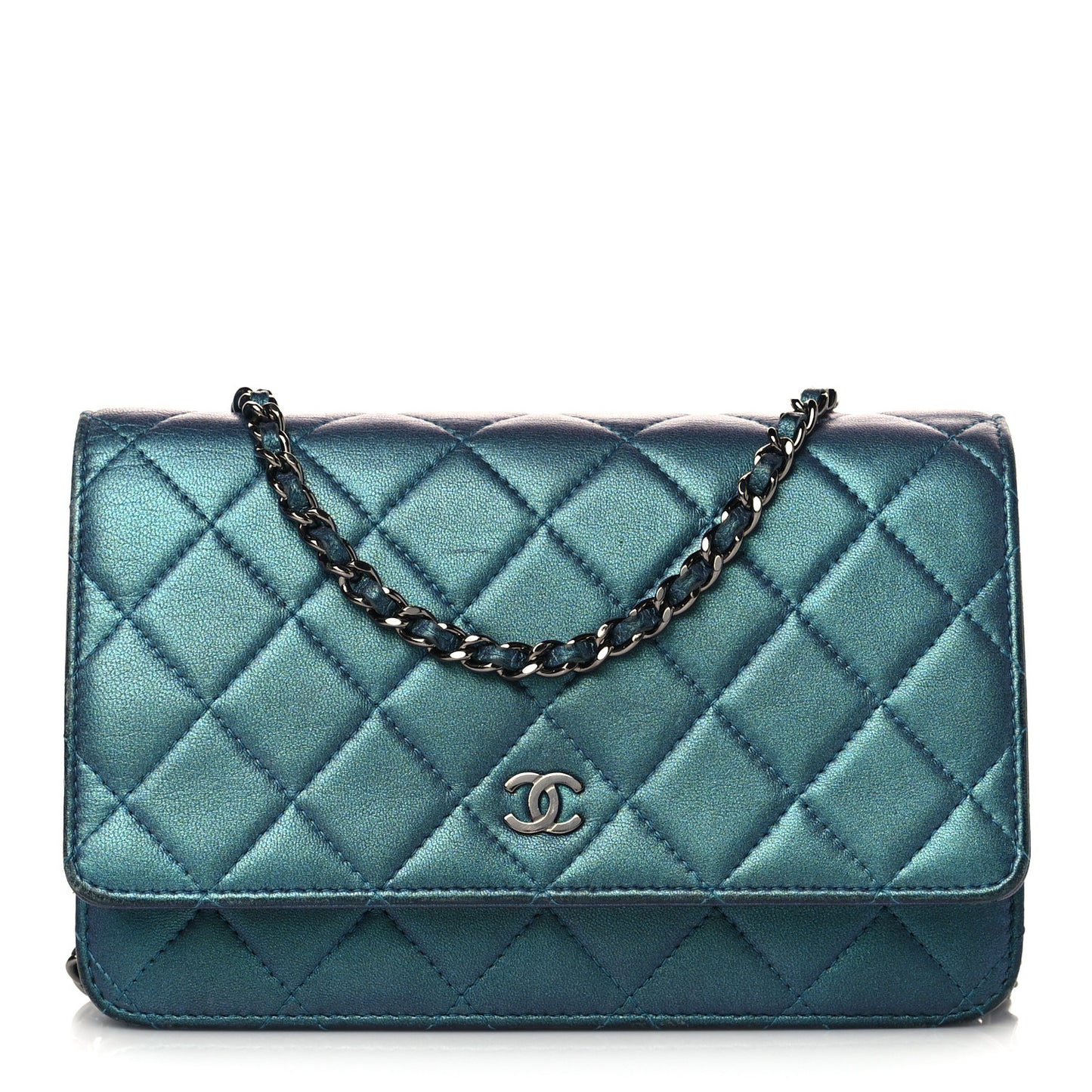 Metallic Lambskin Wallet On Chain WOC Turquoise