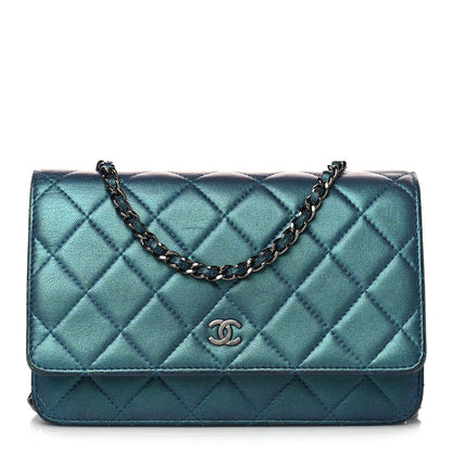 Chanel Metallic Lambskin Wallet On Chain WOC Turquoise 1 of 10