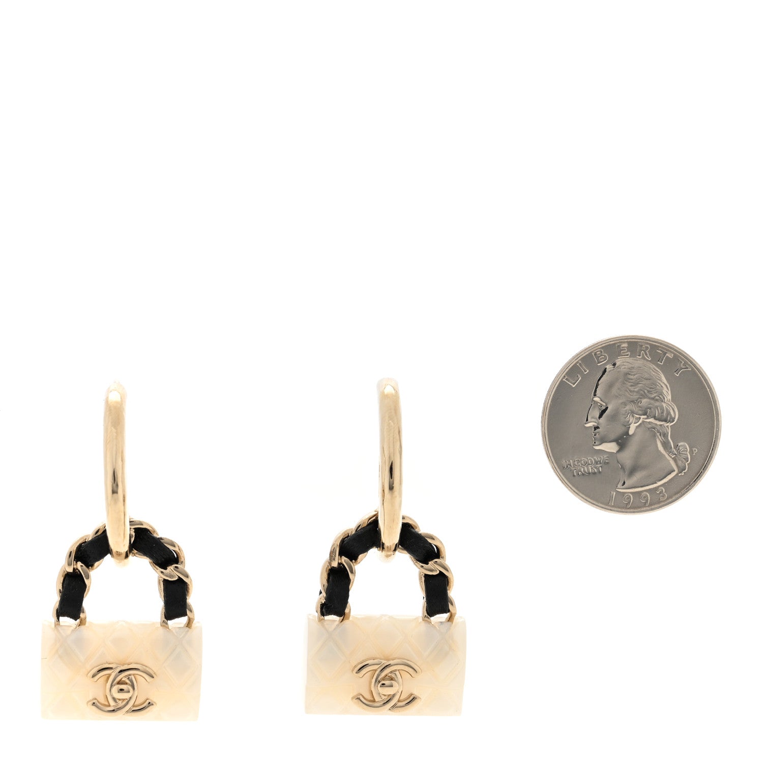 Chanel Metal Resin Calfskin Quilted CC Turnlock Chain Bag Earrings Gold Pearly White 2 of 5