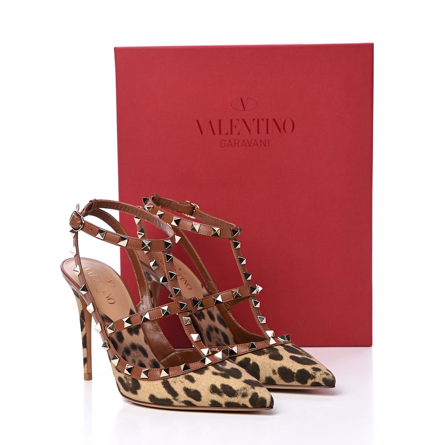 Canvas Leopard Print Rockstud Ankle Strap 100mm Pumps 39 Brown