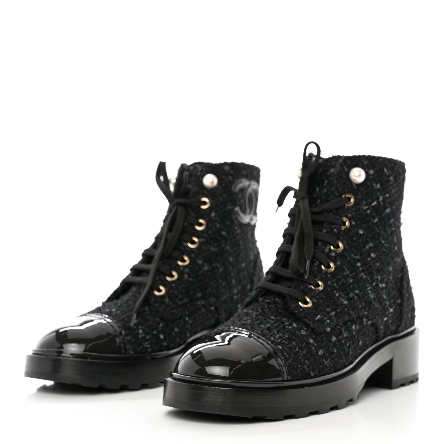 Tweed Patent Calfskin Pearl Combat Short Boots 39 Black Grey Blue