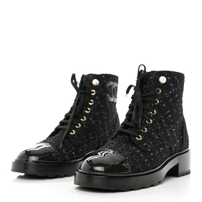 Chanel Tweed Patent Calfskin Pearl Combat Short Boots 39 Black Grey Blue 3 of 9