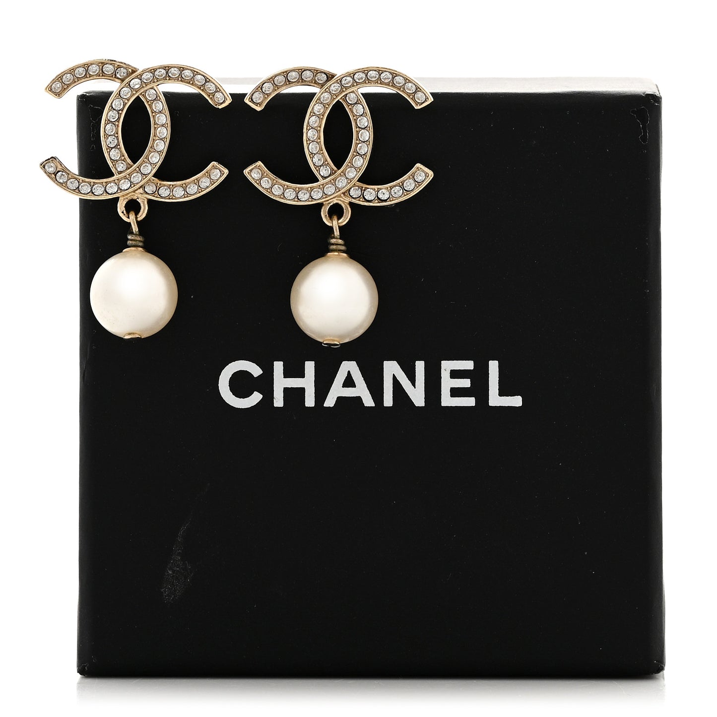 Crystal Pearl CC Drop Earrings Gold