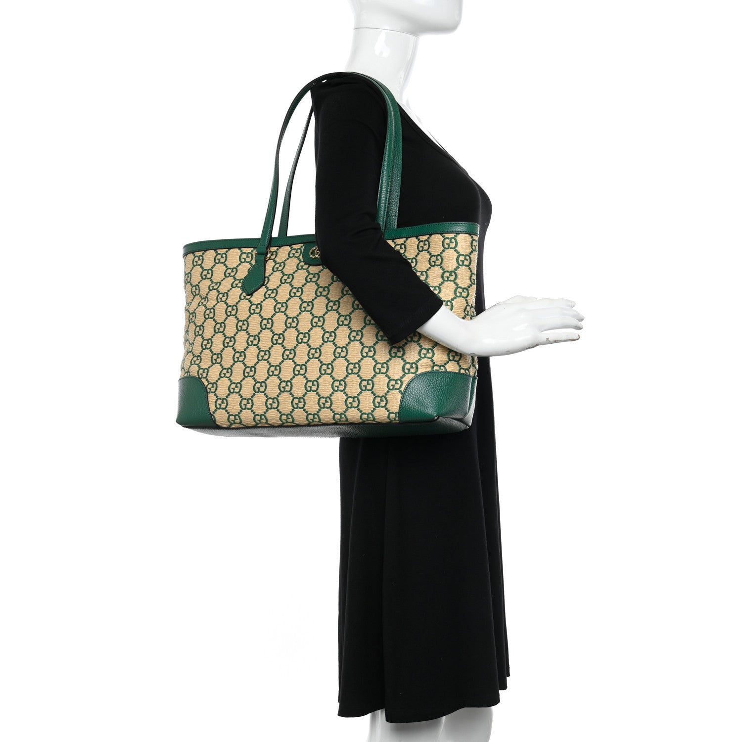 Gucci Straw Jacquard Dollar Calfskin GG Monogram Medium Ophidia Shopping Tote Natural Emerald 2 of 10