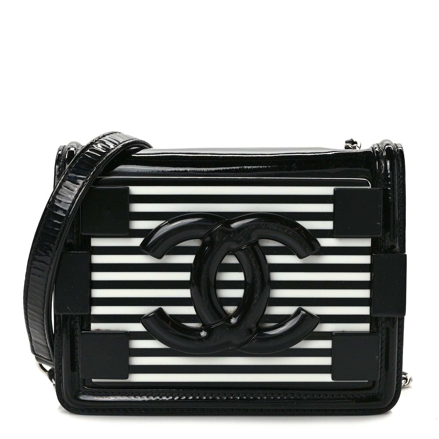 Chanel Plexiglass Patent Mini Striped Boy Brick Flap Black White 1 of 12