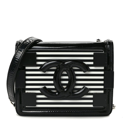Chanel Plexiglass Patent Mini Striped Boy Brick Flap Black White 1 of 12