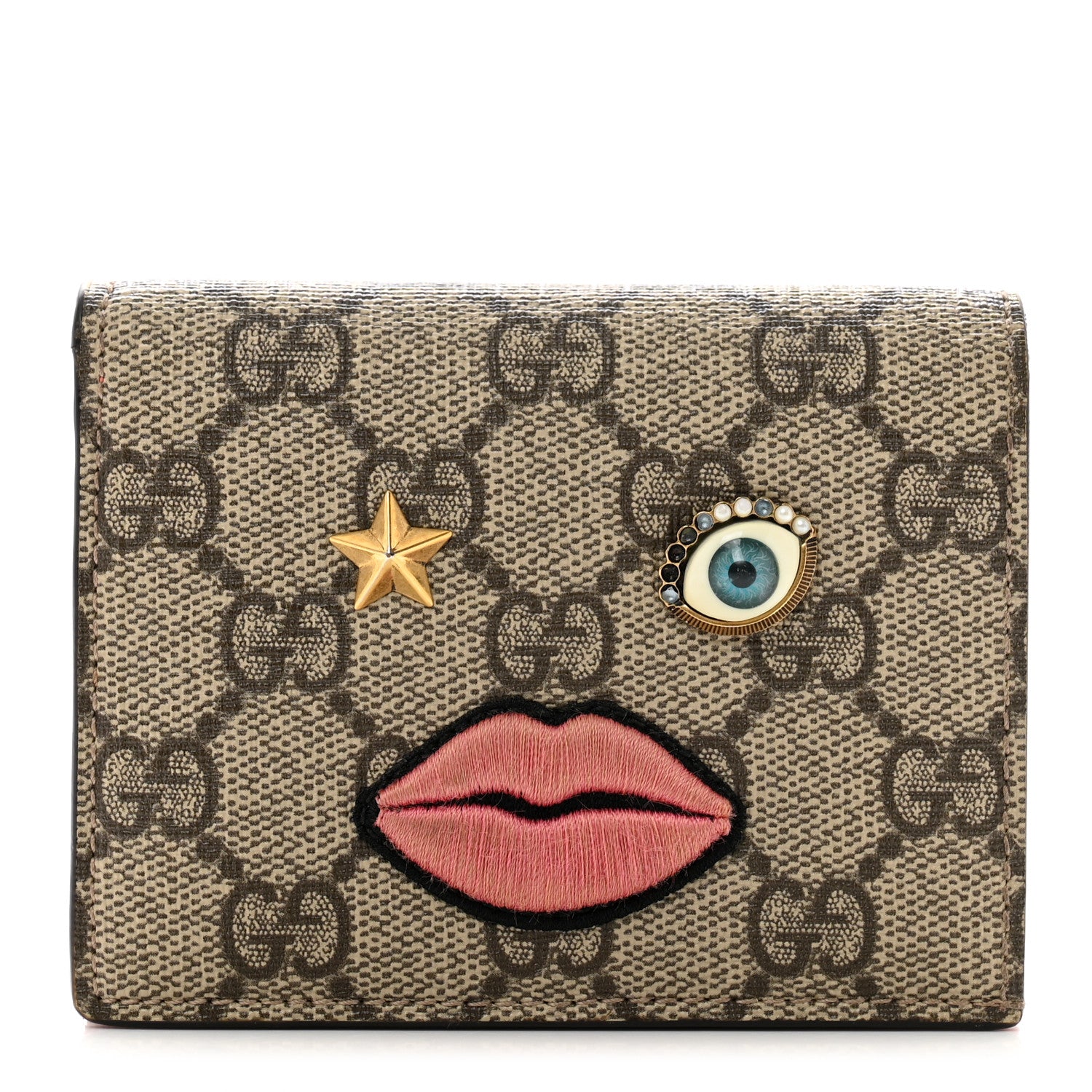 Gucci GG Supreme Monogram Face Embroidered Card Case Wallet Pink 1 of 9