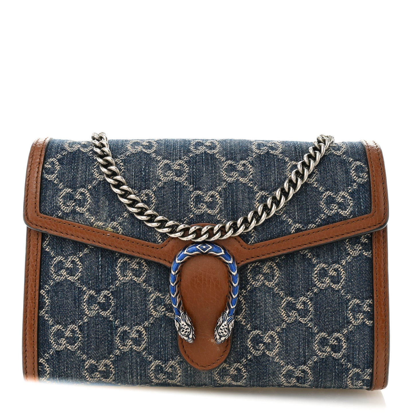 New Denim GG Monogram Dollar Calfskin Enamel Mini Dionysus Chain Wallet Blue Tea Cuir Epilog Electric Blue