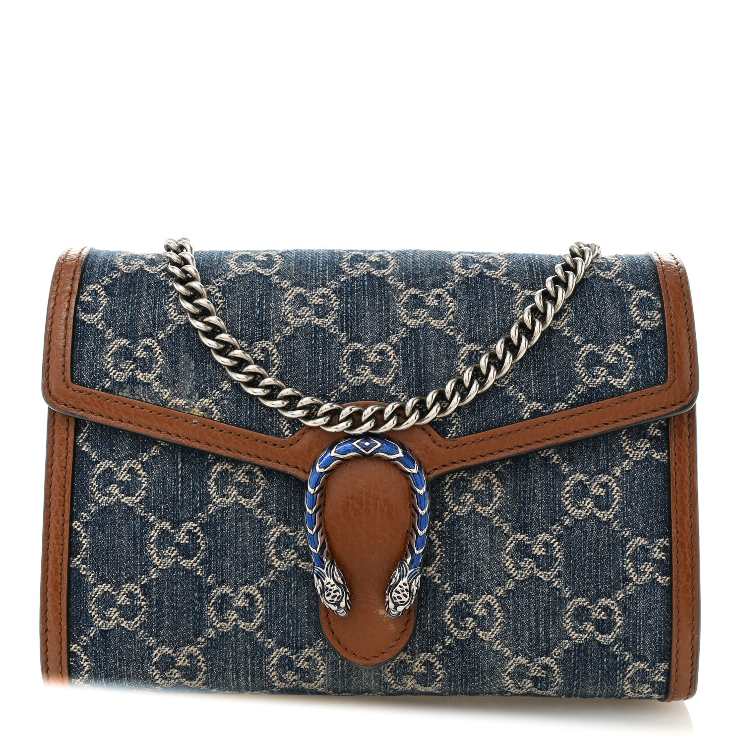 Gucci New Denim GG Monogram Dollar Calfskin Enamel Mini Dionysus Chain Wallet Blue Tea Cuir Epilog Electric Blue 1 of 14