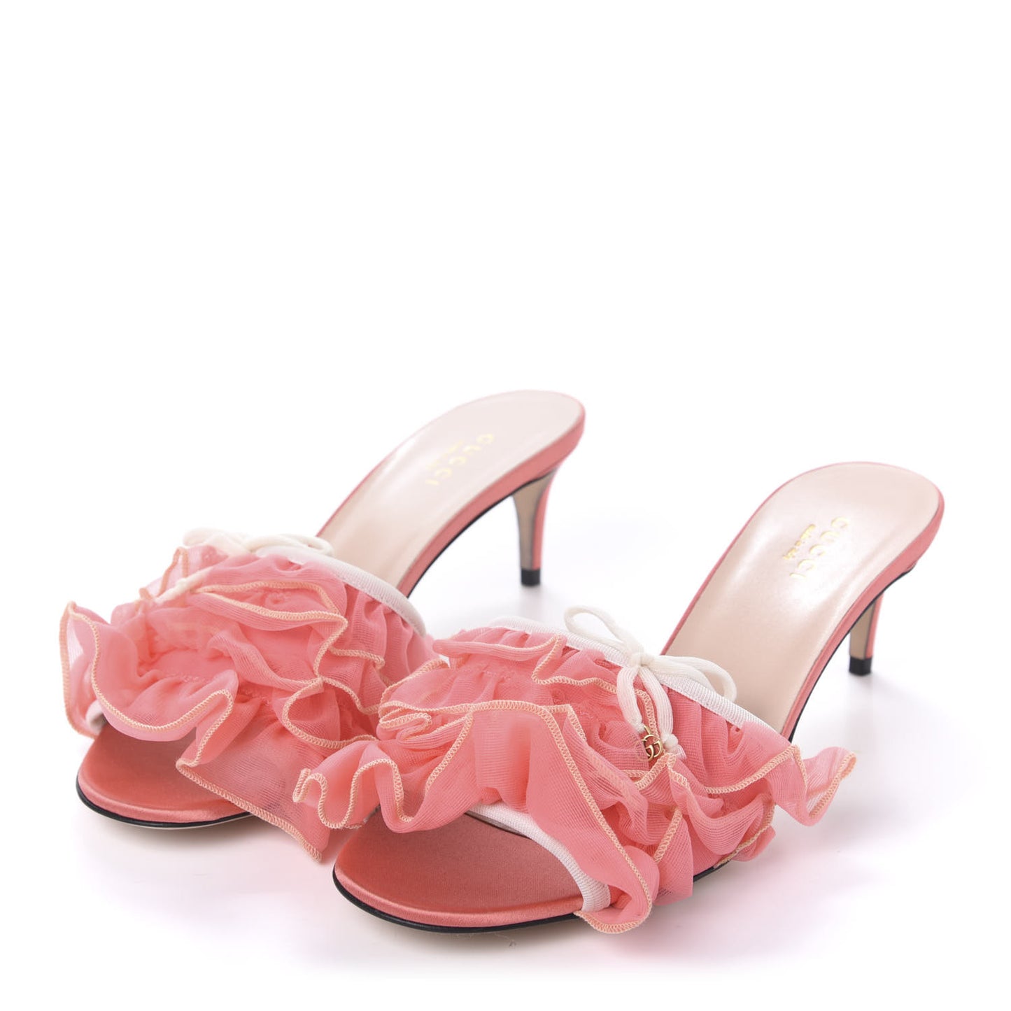 Tulle Ruffle Low Heel Slide Sandals 37 Peach Mystic White