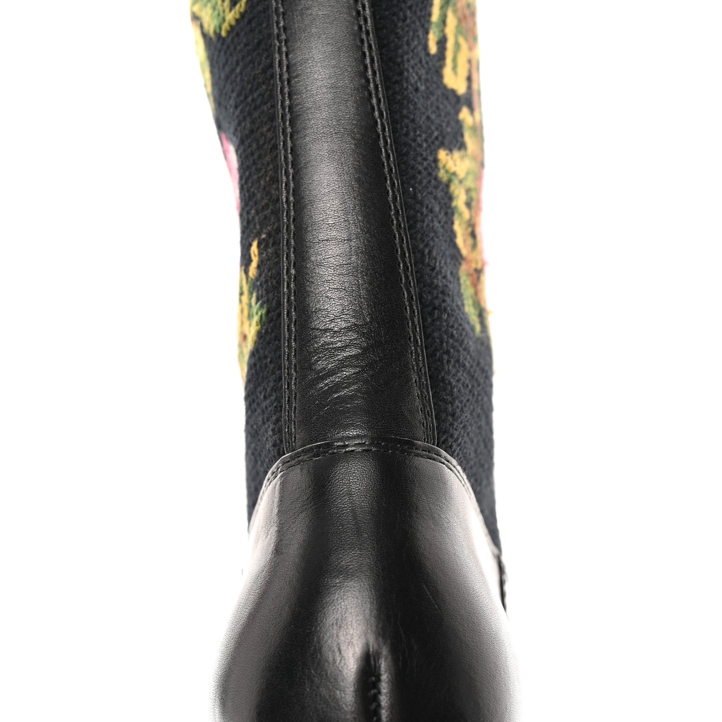 Calfskin Woven Wool Embroidered Knee High Boots 37 Black