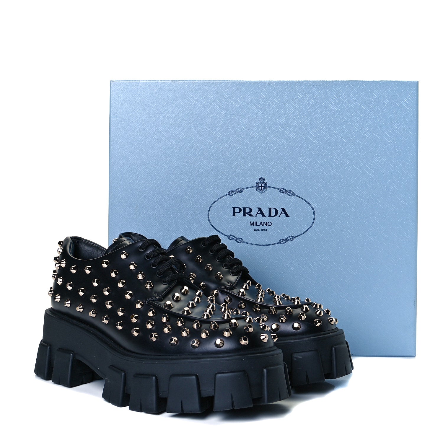 Prada Spazzolato Rois Studded Lace Up Monolith 55mm Derby Loafers 39 Black 9 of 9