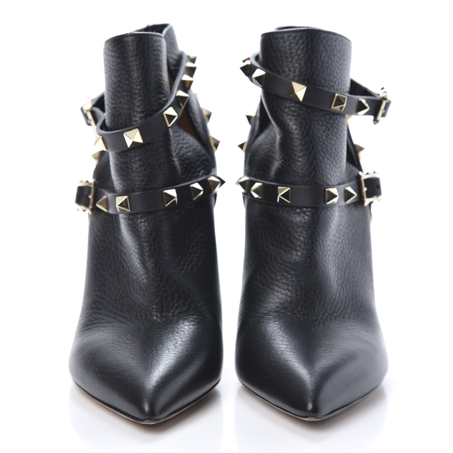 Pebbled Calfskin Rockstud Double Buckle 100mm Ankle Boots 36.5 Black