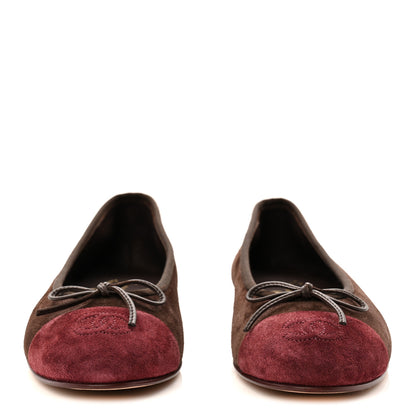 Chanel Suede Calfskin Cap Toe CC Ballerina Flats 37.5 Dark Brown Burgundy 3 of 10