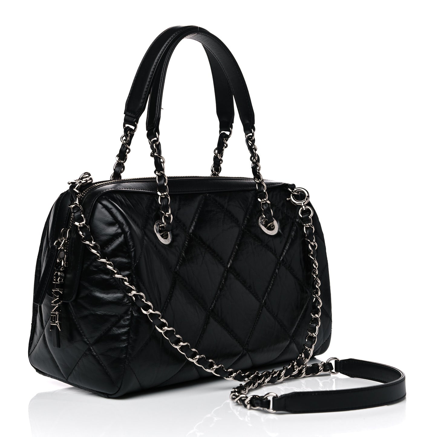 Calfskin Quilted Small CC Bowling Bag Black