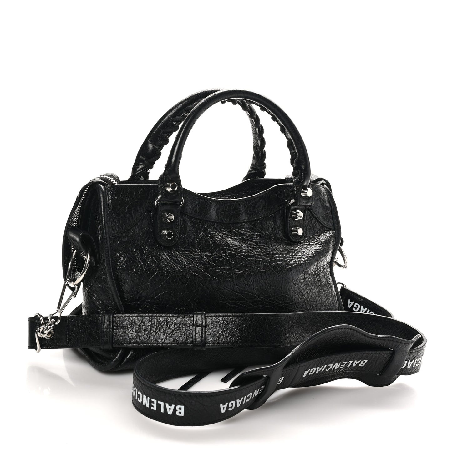 Agneau Classic Silver Hardware Mini City Logo Strap Black White