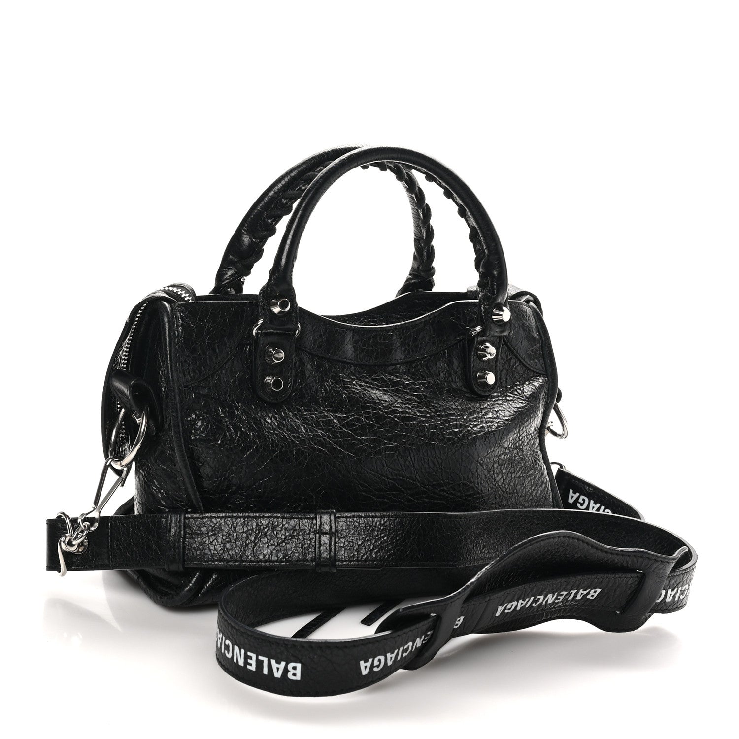 Balenciaga Agneau Classic Silver Hardware Mini City Logo Strap Black White 4 of 10