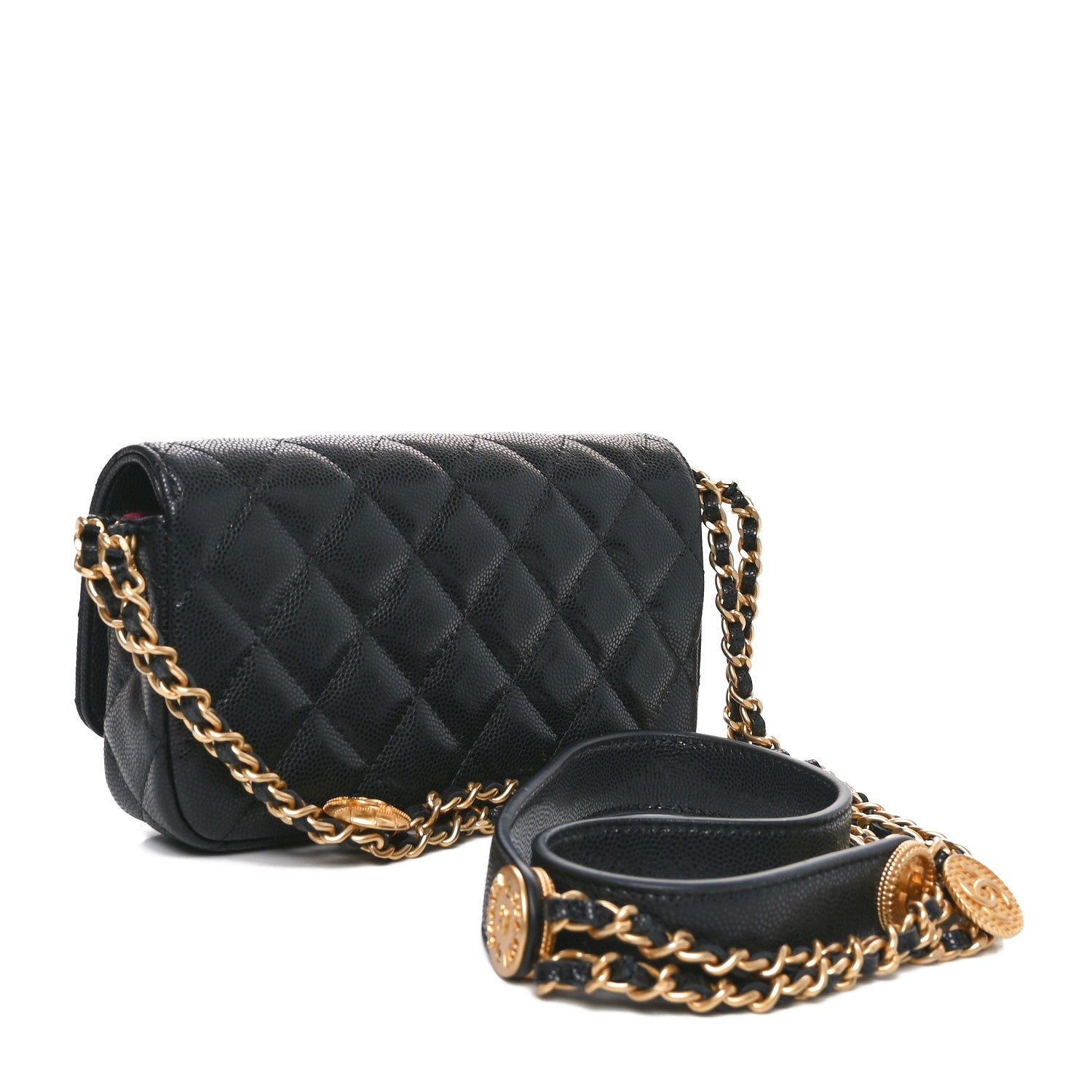 Chanel Caviar Quilted Yours Buttons Phone Holder With Chain Black 3 of 12