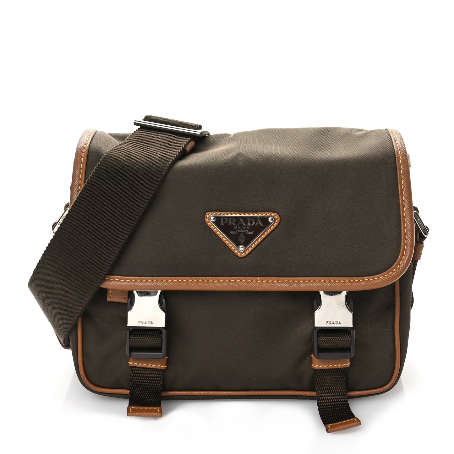 Re-Nylon Saffiano Pocket Double Snap Buckle Shoulder Bag Bruciato Caramel