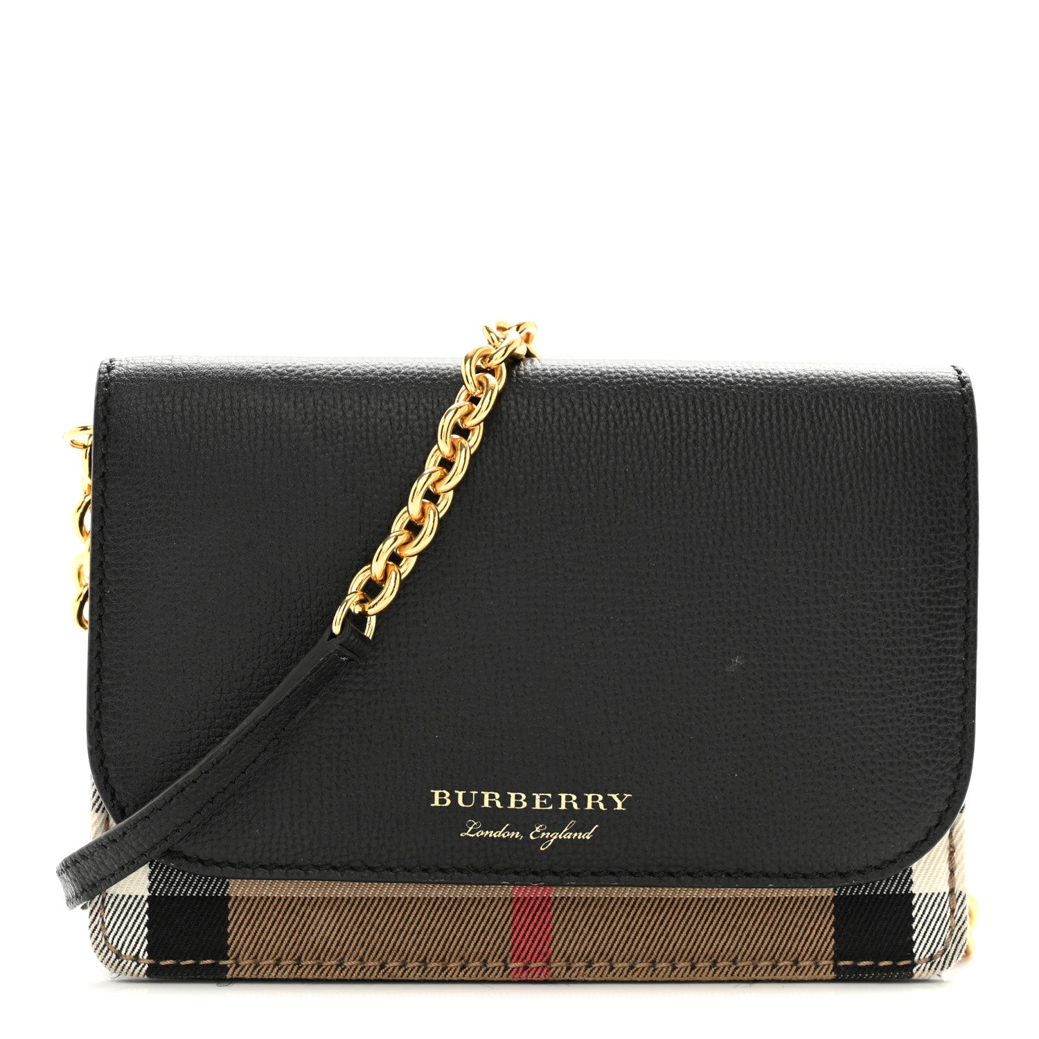 Burberry Derby Calfskin House Check Wallet On Chain Black 1 of 18