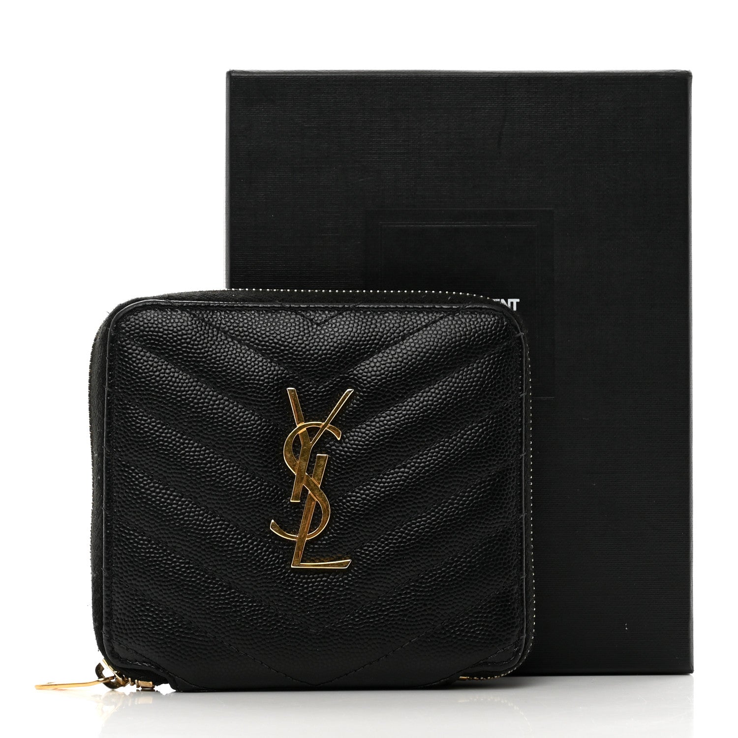 Saint Laurent Grain De Poudre Matelasse Chevron Monogram Compact Zip Around Wallet Black 9 of 9