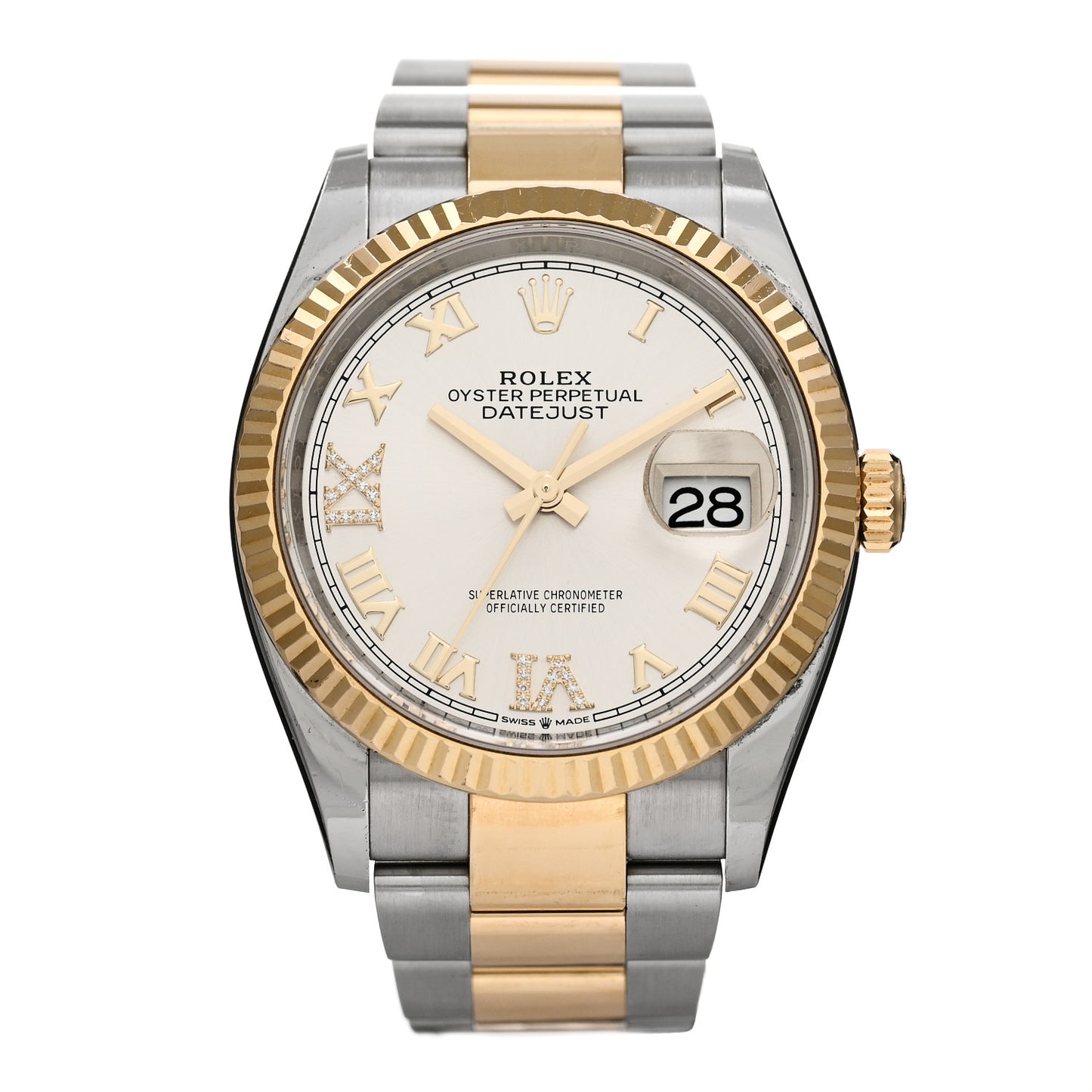 Stainless Steel 18K Yellow Gold Diamond 36mm Oyster Perpetual Datejust Watch Silver Roman 126233