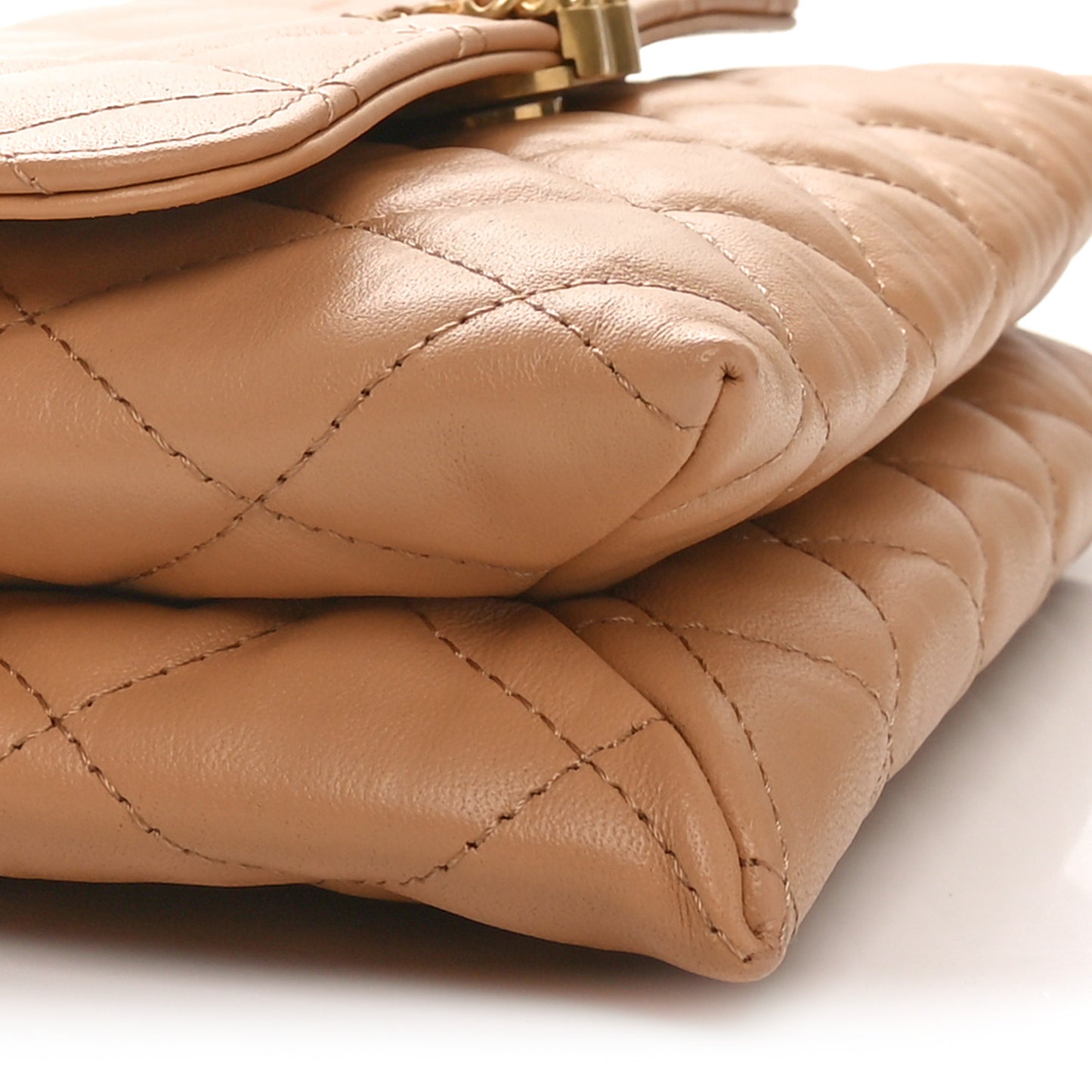 Crumpled Calfskin Quilted Braided CC Flap Beige