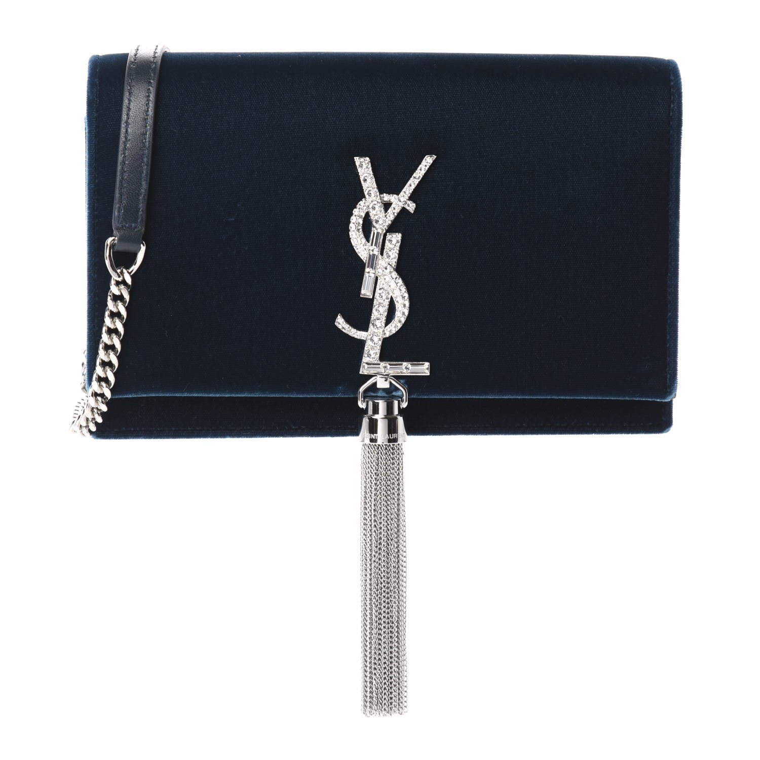 Saint Laurent Velvet Crystal Monogram Kate Tassel Chain Wallet Blue 1 of 12