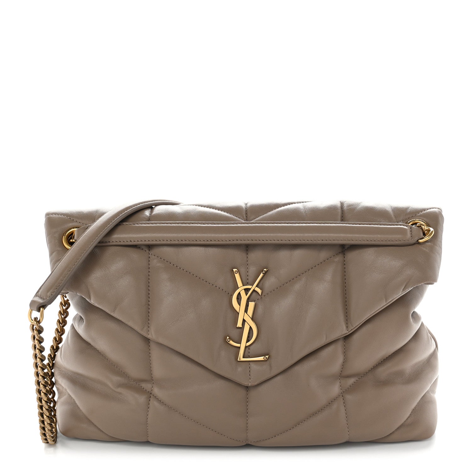 Saint Laurent Lambskin Quilted Medium Loulou Puffer Monogram Chain Satchel Dark Beige 1 of 10