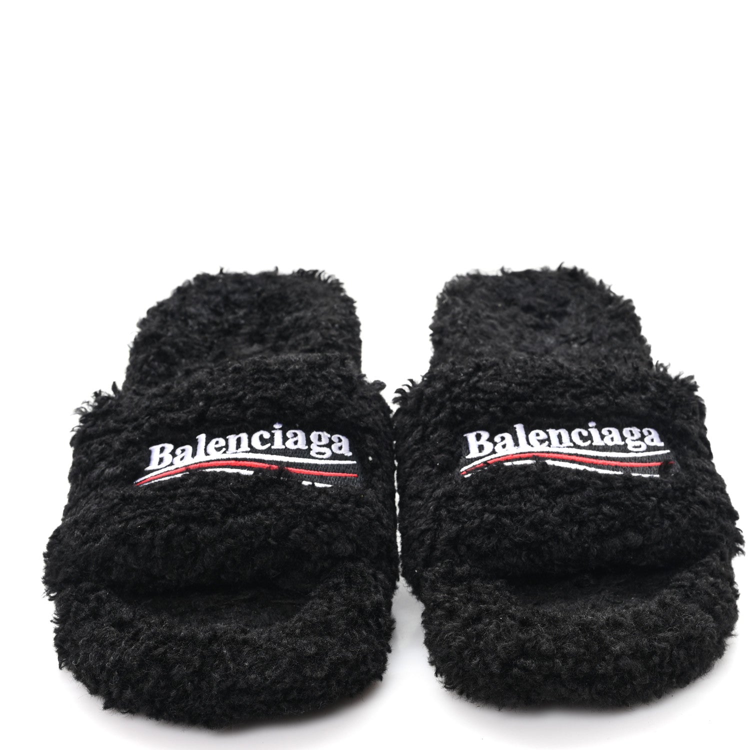 Balenciaga Faux Shearling Political Campaign Logo 80mm Sandals 39 Black 3 of 7