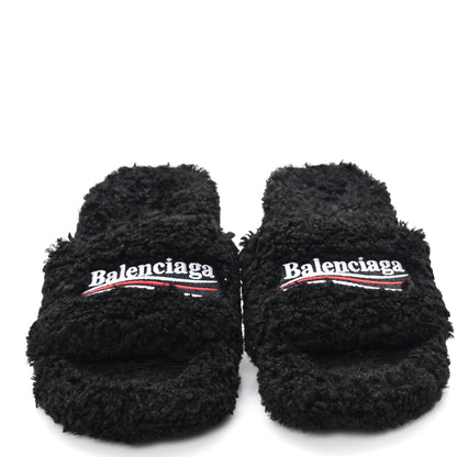 Balenciaga Faux Shearling Political Campaign Logo 80mm Sandals 39 Black 3 of 7