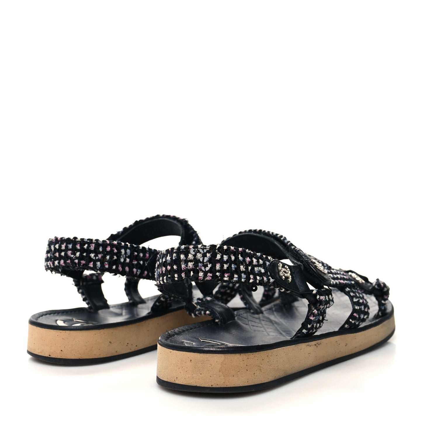 Tweed Lambskin Crystal CC Sandals 39 Black Multicolor