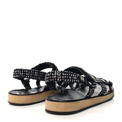 Chanel Tweed Lambskin Crystal CC Sandals 39 Black Multicolor 4 of 7