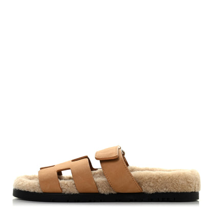 Hermes Suede Goatskin Woolskin Womens Chypre Sandals 37 Golden Beige 1 of 4