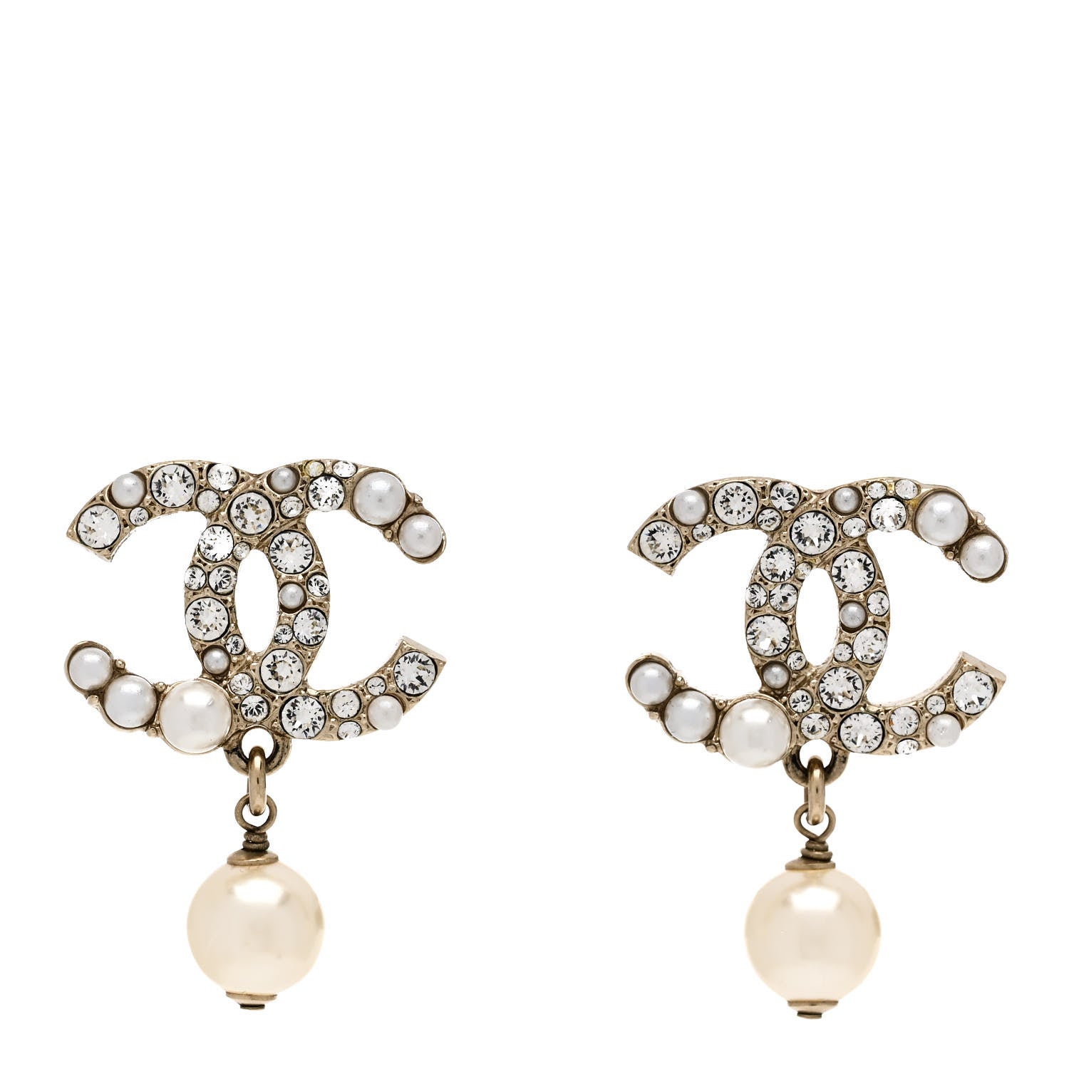 Chanel Crystal Pearl CC Drop Earrings  Gold Pearly White 1 of 4