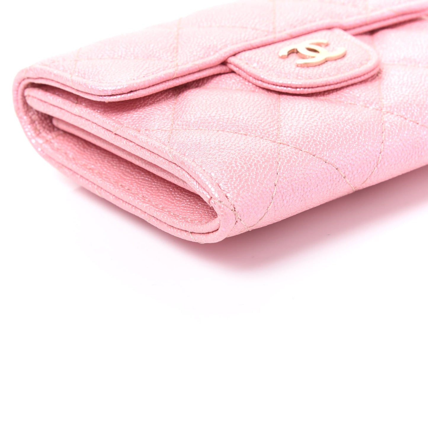 Iridescent Caviar Flap Quilted Card Holder Wallet Pink