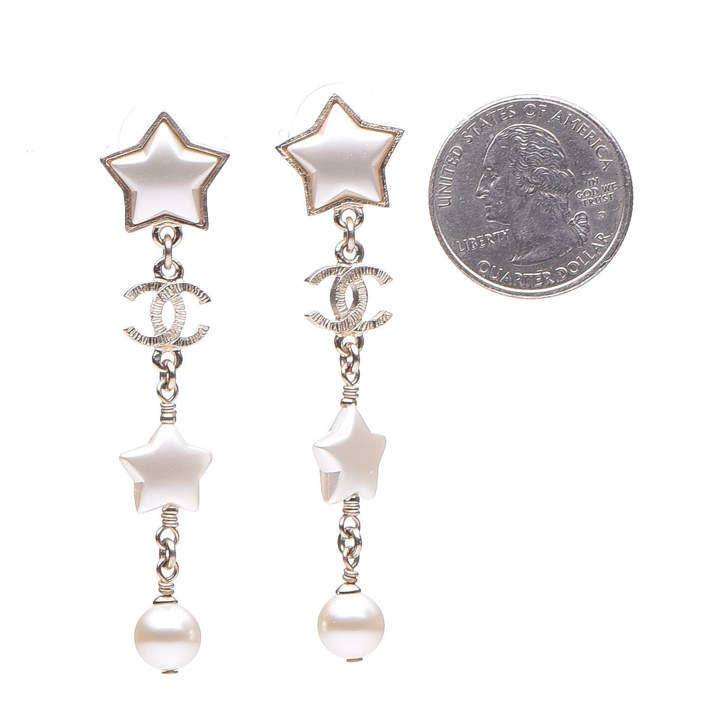 Metal Resin Pearl CC Star Dangle Earrings Gold