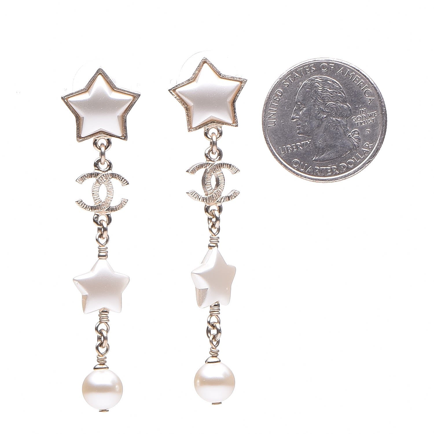 Chanel Metal Resin Pearl CC Star Dangle Earrings Gold 2 of 4