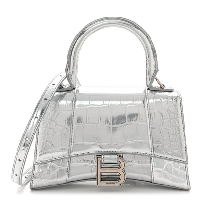Balenciaga Metallic Calfskin Crocodile Embossed Hourglass Top Handle Bag XS Silver 1 of 12