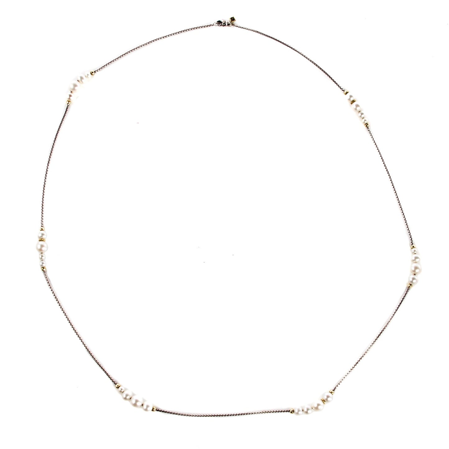 Sterling Silver 18K Yellow Gold Pearl 10mm Box Chain Necklace