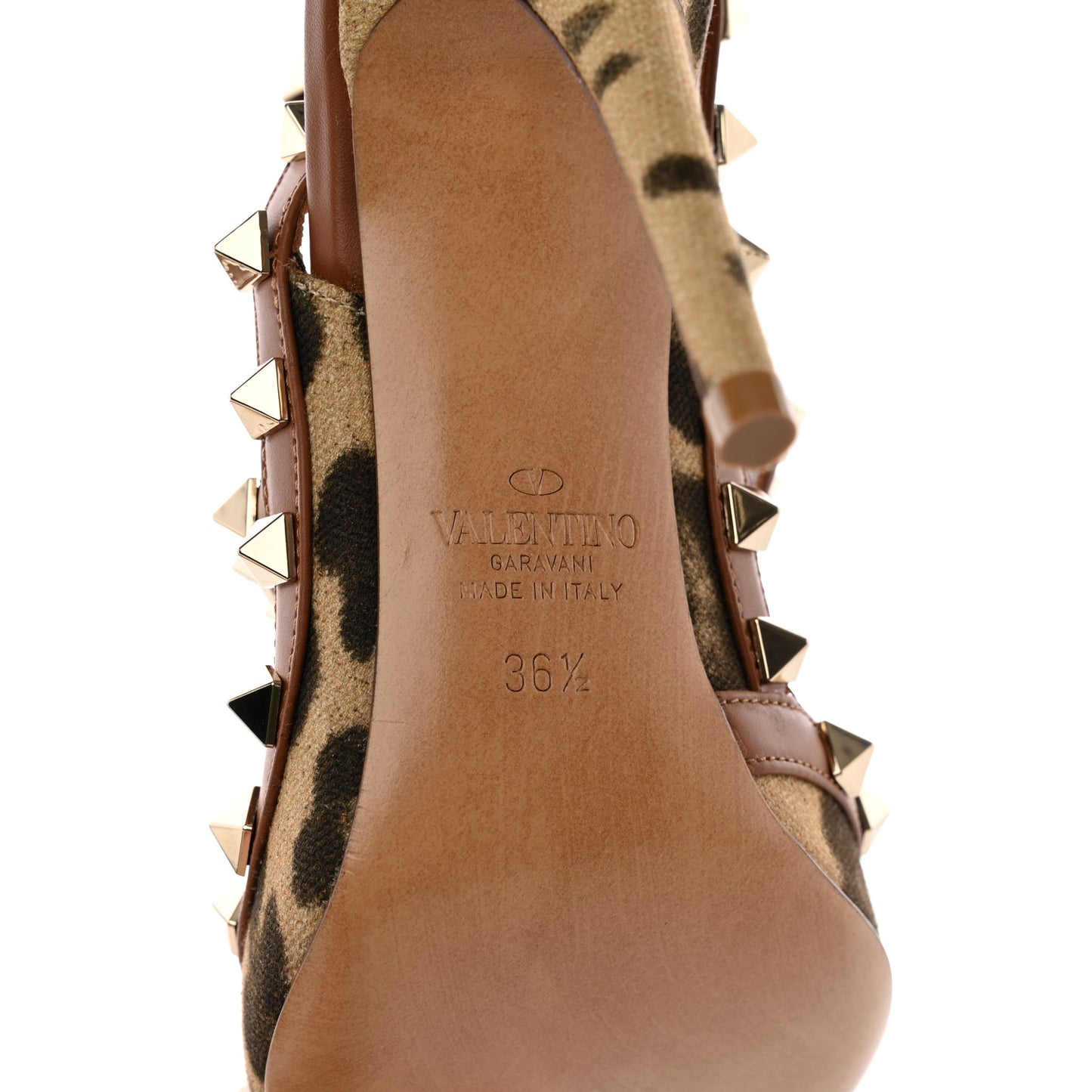 Canvas Leopard Print Rockstud Ankle Strap 100mm Pumps 36.5 Brown