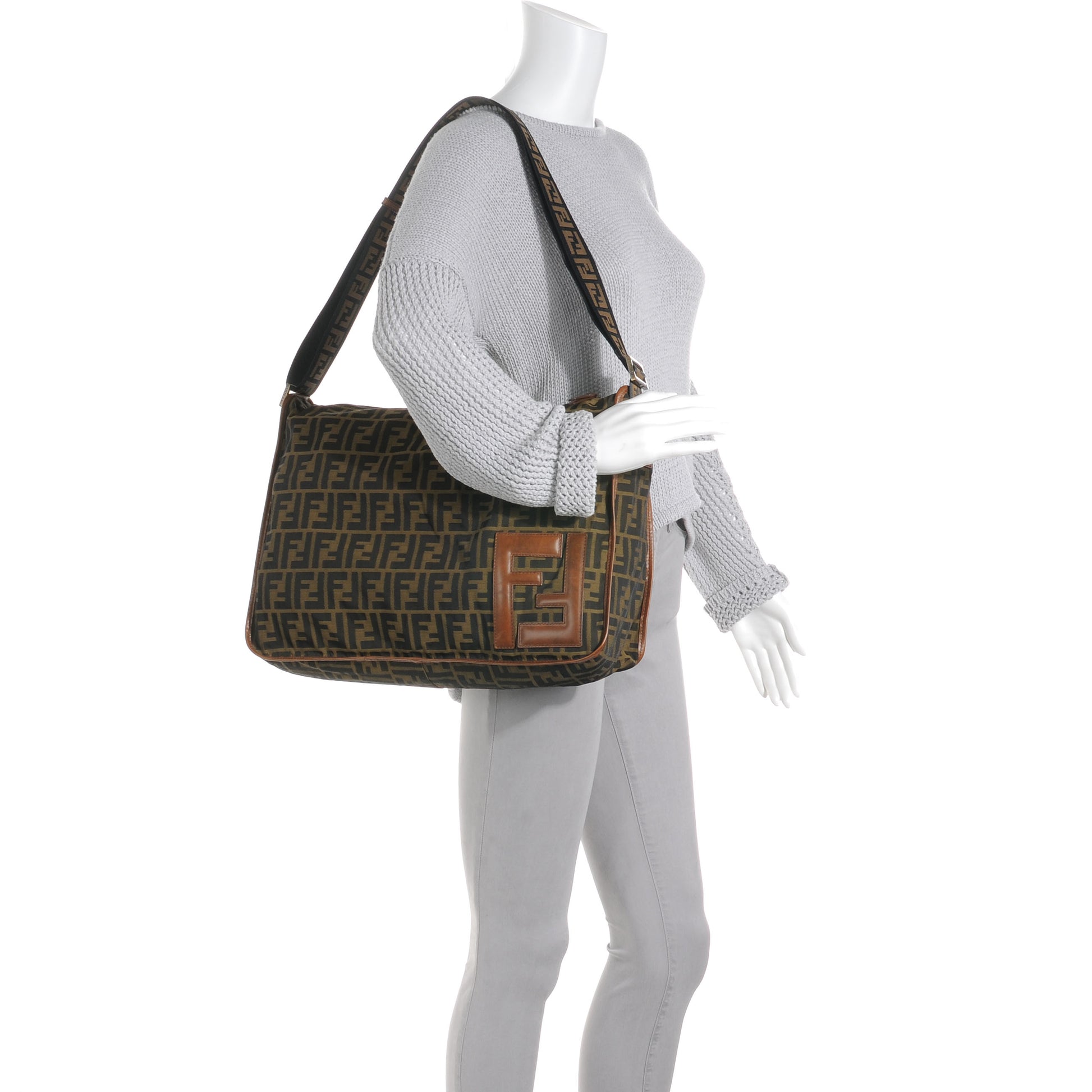 Fendi Zucca Vitello Patchwork Shoulder Flap Bag Tobacco Sabbia 2 of 8