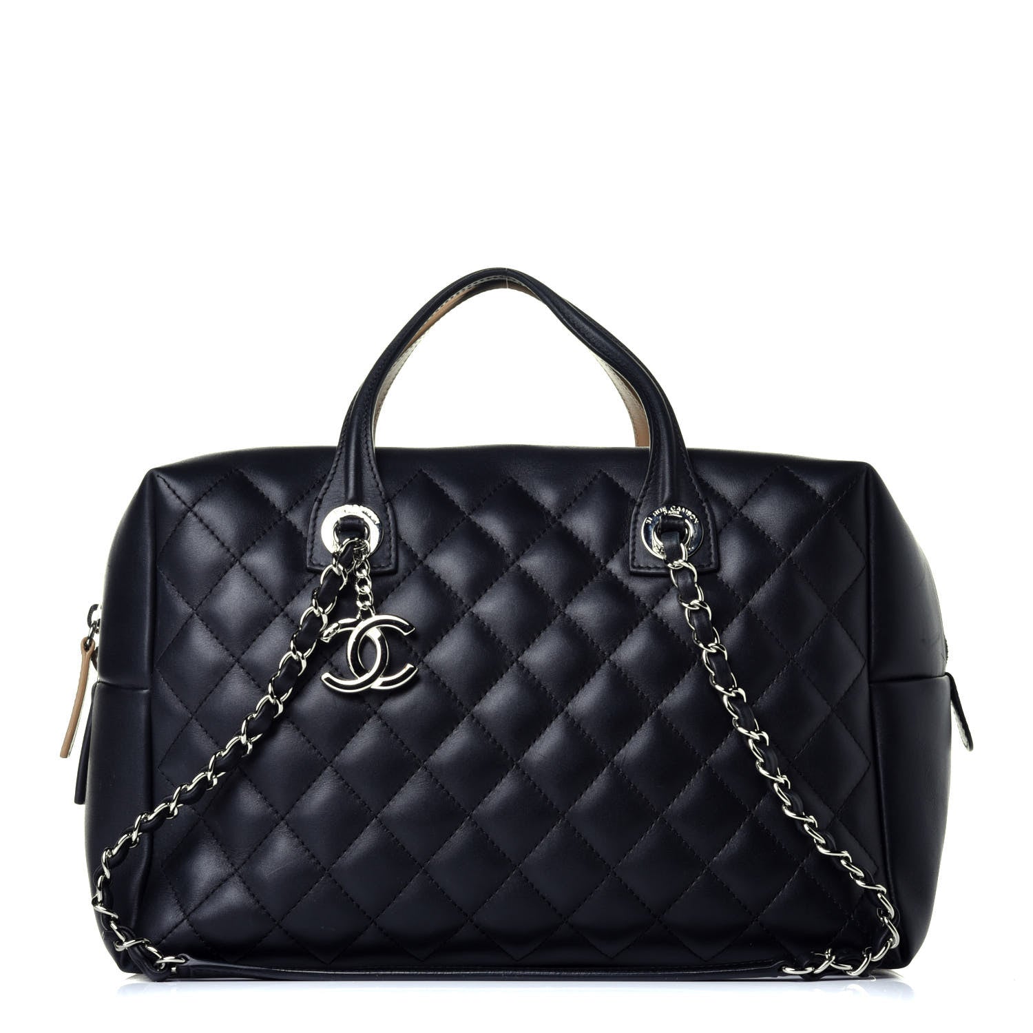 Chanel Calfskin Quilted Feather Weight Bowling Bag Black Beige 1 of 9