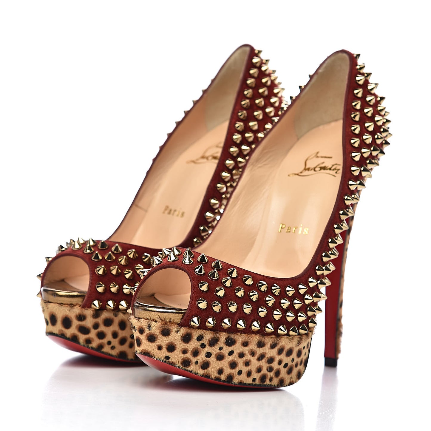Veau Velours Calf Hair Leopard Lady Peep Spikes 150 Pumps 37.5 Red