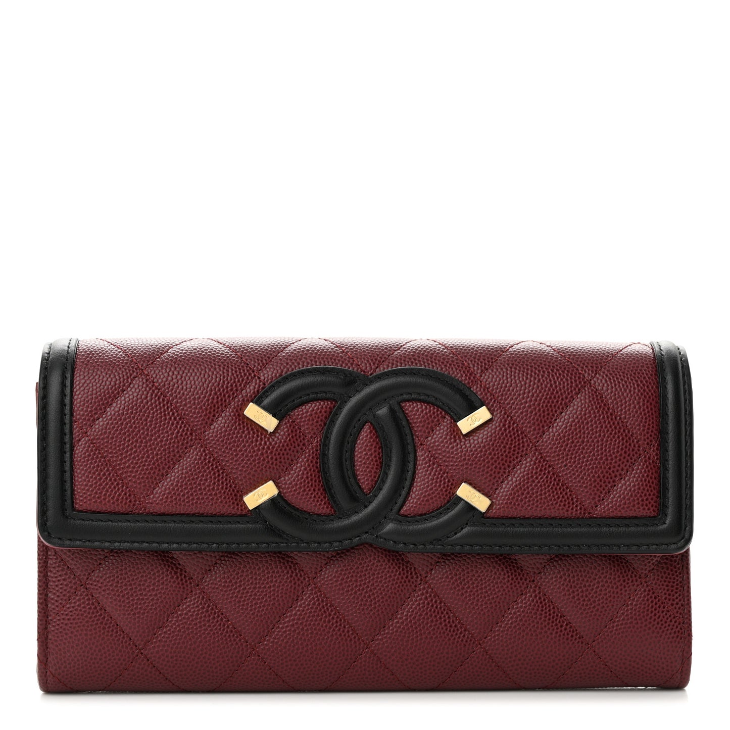 Caviar Quilted Filigree Large Gusset Flap Wallet Burgundy Black